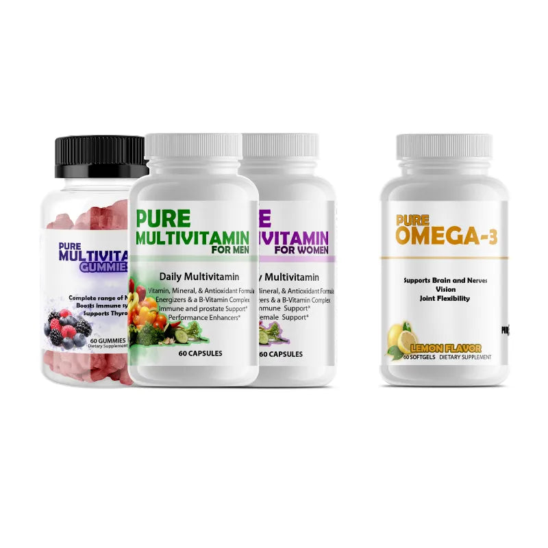 Four different types of dietary supplements on a white background