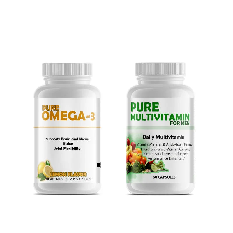 Two supplement bottles labeled 'Pure Omega-3' and 'Pure Multivitamin for Men' on a white background.