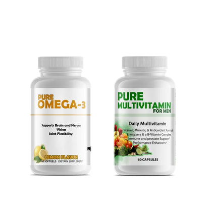 Two supplement bottles labeled 'Pure Omega-3' and 'Pure Multivitamin for Men' on a white background.