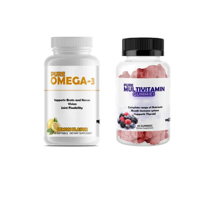 Two dietary supplement bottles labeled 'Pure Omega-3' and 'Pure Multivitamin Gummies' on a white background.