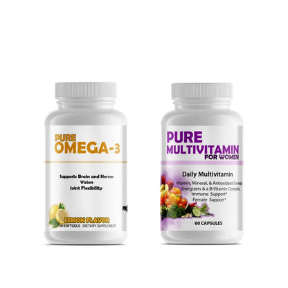 Two white plastic supplement bottles on a plain white background. The left bottle is labeled 'PURE OMEGA-3' with lemon graphics and 'LEMON FLAVOR' text.