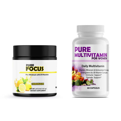 Two dietary supplement bottles on a plain white background: a black-lidded jar labeled Pure Focus Lemonade and a white bottle labeled Pure Multivitamin for Women.