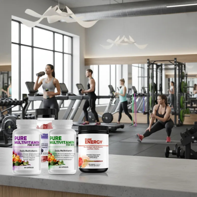 Five supplement bottles and jars from Pure Encapsulations arranged on a white background. The set includes Pure Multivitamin for Women, Pure Multivitamin for Men, Pure Focus, and Pure Energy.