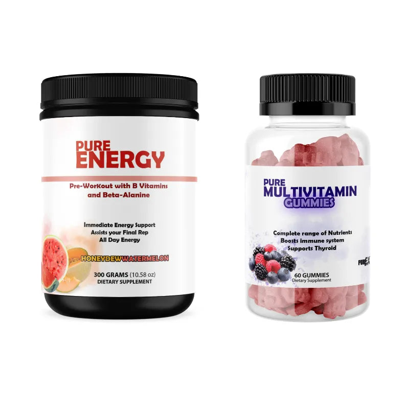 Two supplement containers on a plain white background: a black-lidded white jar labeled Pure Energy Pre-Workout on the left, and a clear-lidded white bottle labeled Pure Vitamin Gummies with pink gummies visible inside on the right.