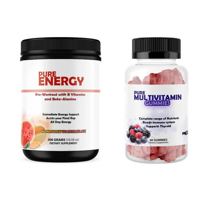 Two supplement containers on a plain white background: a black-lidded white jar labeled Pure Energy Pre-Workout on the left, and a clear-lidded white bottle labeled Pure Vitamin Gummies with pink gummies visible inside on the right.