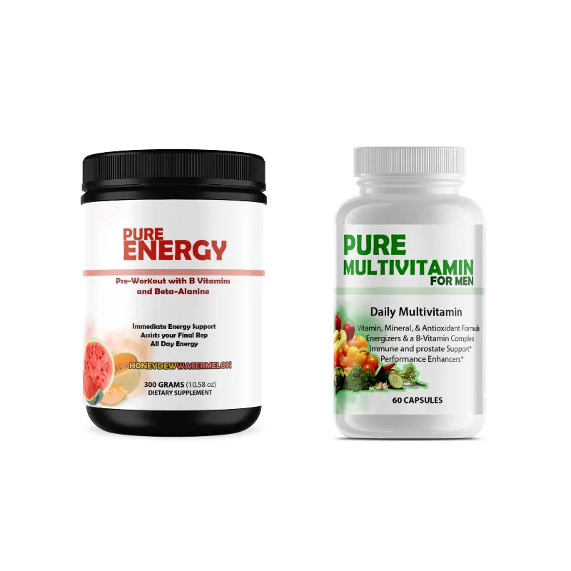 Two dietary supplement bottles on a plain white background: a black-lidded jar labeled Pure Energy Pre-Workout on the left, and a white-lidded bottle labeled Pure Multivitamin for Men on the right.