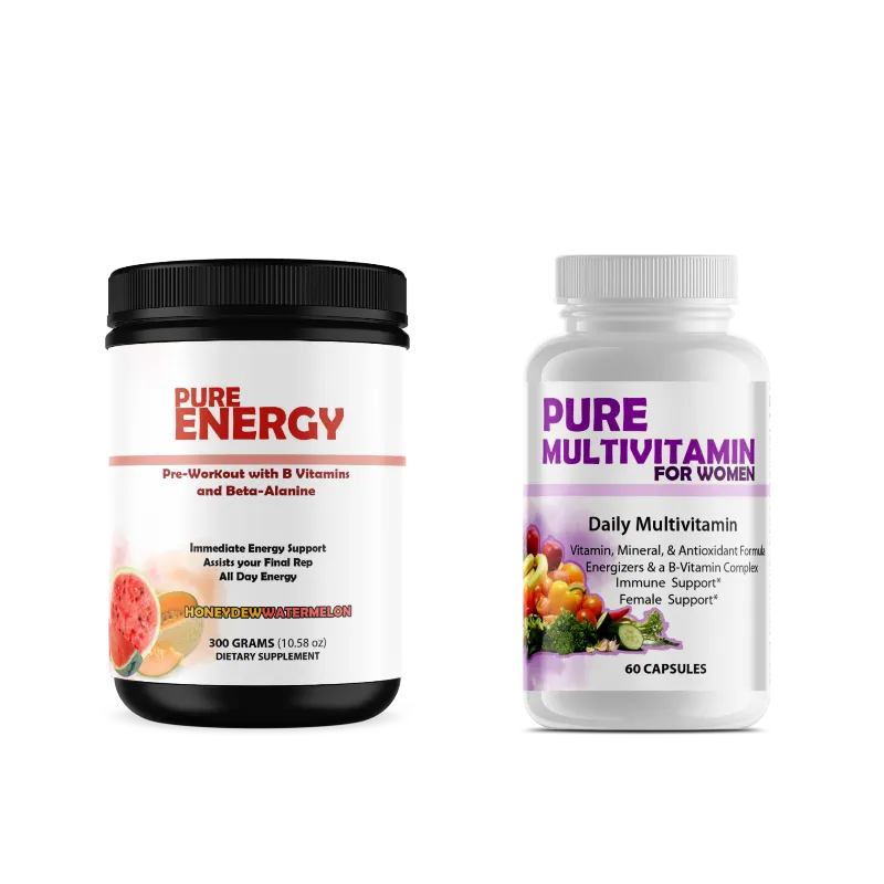 Two supplement containers on a plain white background: a black-lidded white tub labeled Pure Energy Pre-Workout with B vitamins and Beta-Alanine, and a white-lidded white bottle labeled Pure Multivitamin for Women with daily multivitamin support.