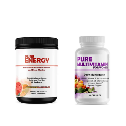 Two supplement containers on a plain white background: a black-lidded white tub labeled Pure Energy Pre-Workout with B vitamins and Beta-Alanine, and a white-lidded white bottle labeled Pure Multivitamin for Women with daily multivitamin support.