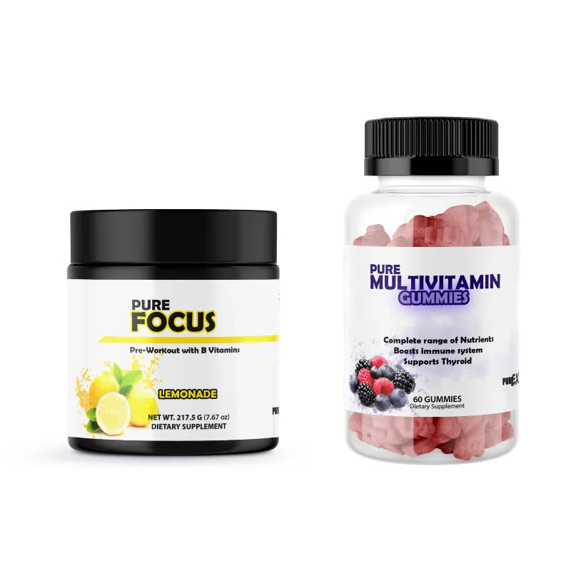 Two supplement containers labeled 'Pure Focus' and 'Pure Multivitamin Gummies' on a white background.
