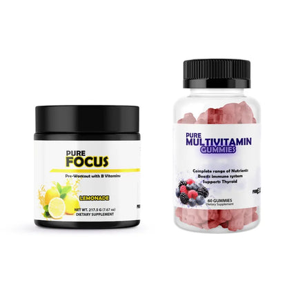 Two supplement containers labeled 'Pure Focus' and 'Pure Multivitamin Gummies' on a white background.