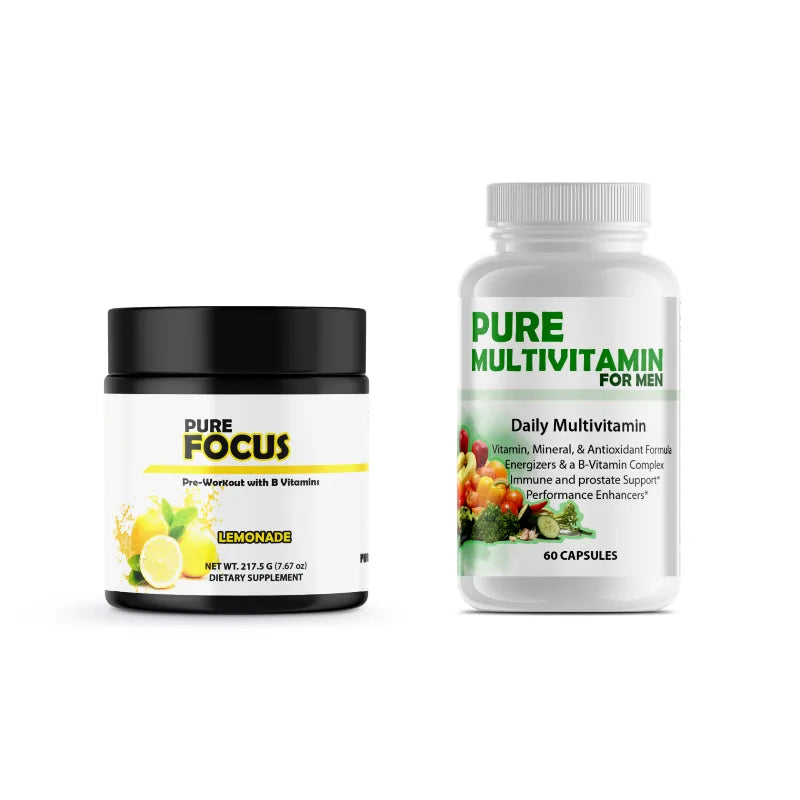 Two dietary supplement containers labeled 'Pure Focus' and 'Pure Multivitamin for Men' on a white background.