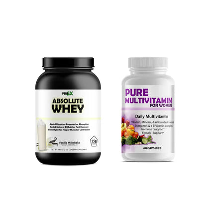 Two supplement bottles on a plain white background: a black jar labeled PREX Absolute Whey and a white bottle labeled PURE MULTIVITAMIN FOR WOMEN.