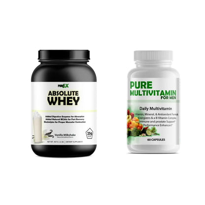 Two supplement containers on a plain white background: a large black jar labeled PureX Absolute Whey Vanilla Milkshake, and a white bottle labeled Pure Multivitamin for Men with green text and a multicolor fruit graphic.