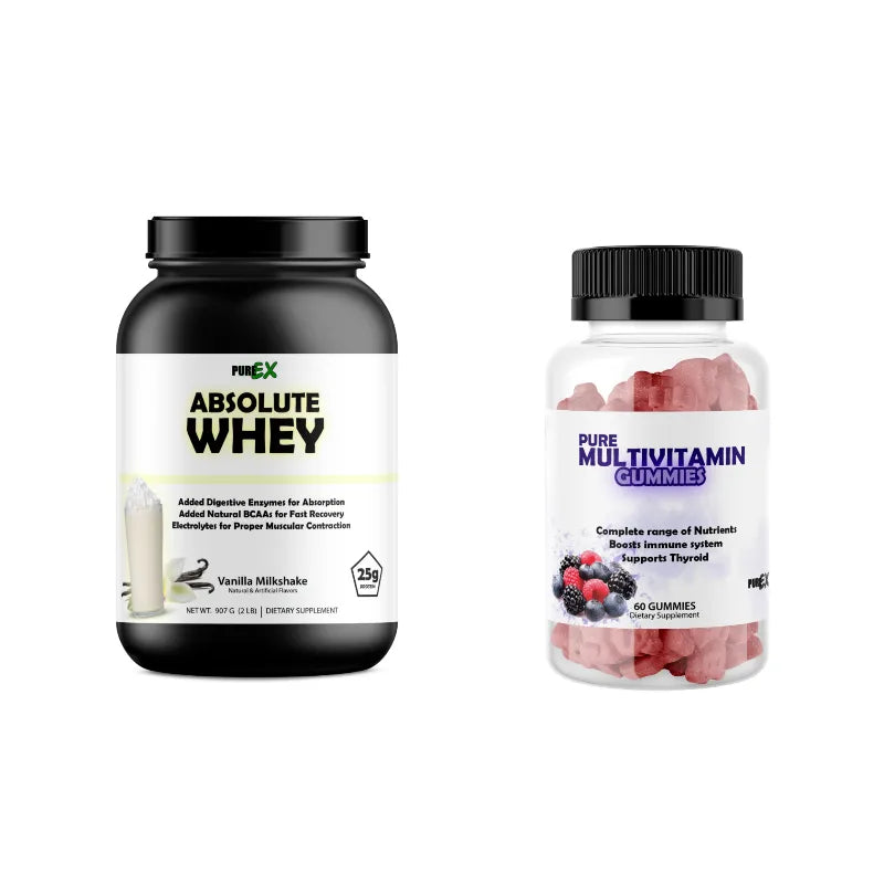 Two supplement products on a plain white background: a large black jar of PEIX Absolute Whey vanilla milkshake flavor and a clear bottle of PEIX Pure Multivitamin Gummies with pink gummies visible inside.