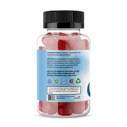 A clear plastic bottle of gummies with a black ribbed cap and a blue-and-white label showing the back side. The bottle is filled with pink gummies and contains a small red insert card.