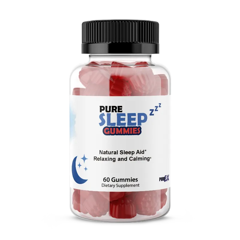 A clear plastic bottle of Pure Sleep Gummies with a black cap and a white label, containing red gummy candies, on a white background.