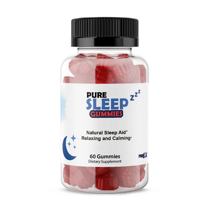A clear plastic bottle of Pure Sleep Gummies with a black cap and a white label, containing red gummy candies, on a white background.