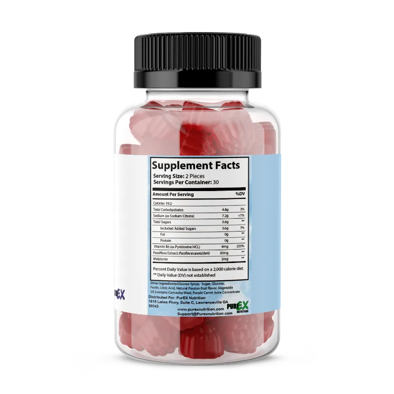 A clear supplement bottle with a black cap showing red gummy candies inside, with a white supplement facts label and a light blue side panel on a white background.