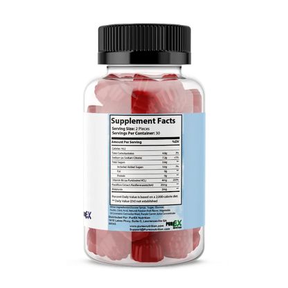 A clear supplement bottle with a black cap showing red gummy candies inside, with a white supplement facts label and a light blue side panel on a white background.