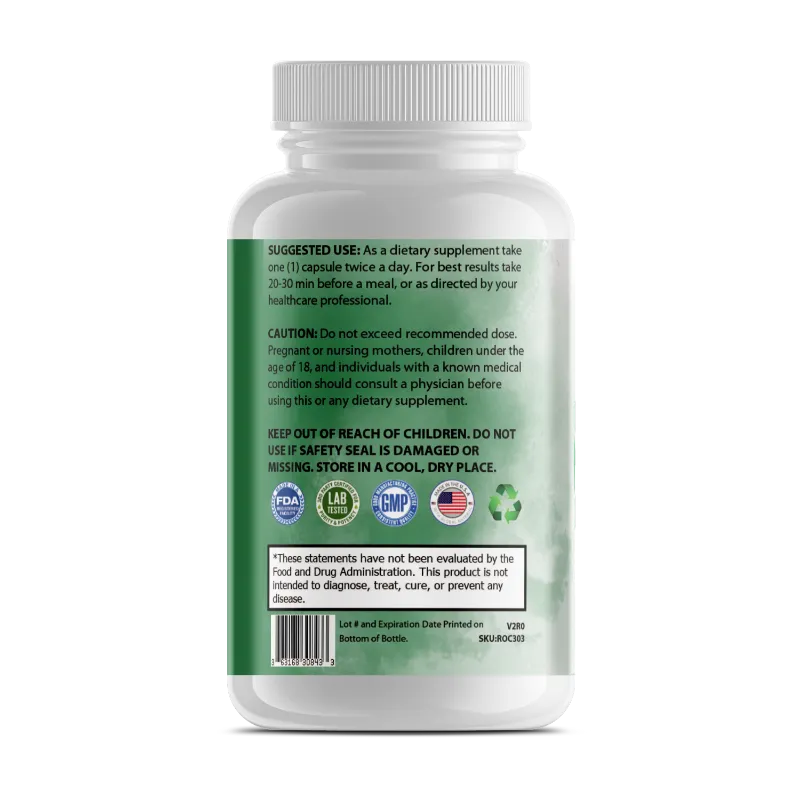 A white plastic bottle of dietary supplements shown from the back, featuring a green label with black text, regulatory seals, and a barcode on a white background.