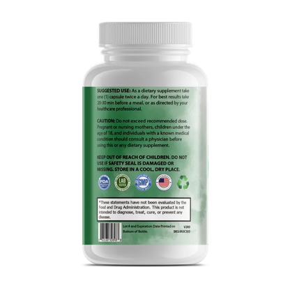 A white plastic bottle of dietary supplements shown from the back, featuring a green label with black text, regulatory seals, and a barcode on a white background.