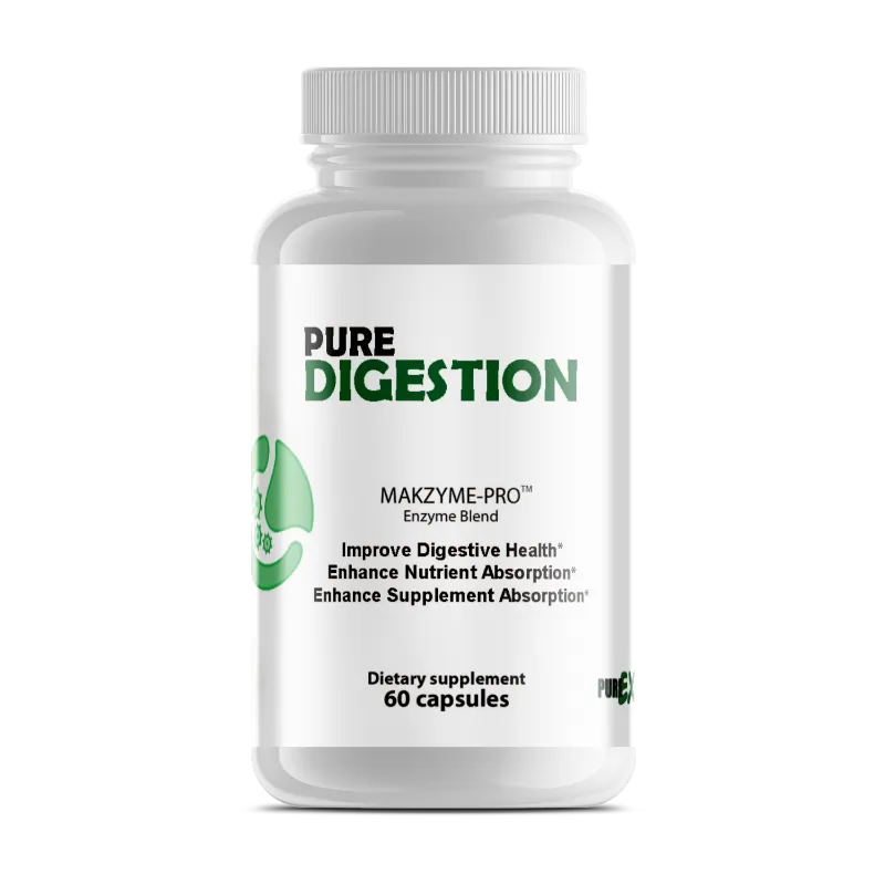 A white plastic bottle of Pure Digestion Makzyme-Pro enzyme blend dietary supplement with a white cap, shown on a plain white background.