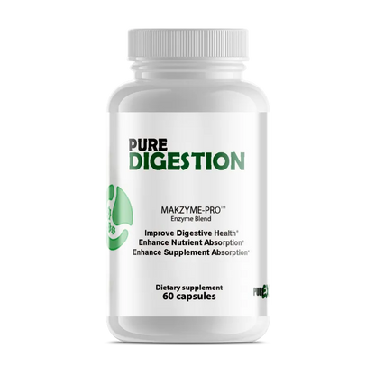 A white plastic bottle of Pure Digestion Makzyme-Pro enzyme blend dietary supplement with a white cap, shown on a plain white background.