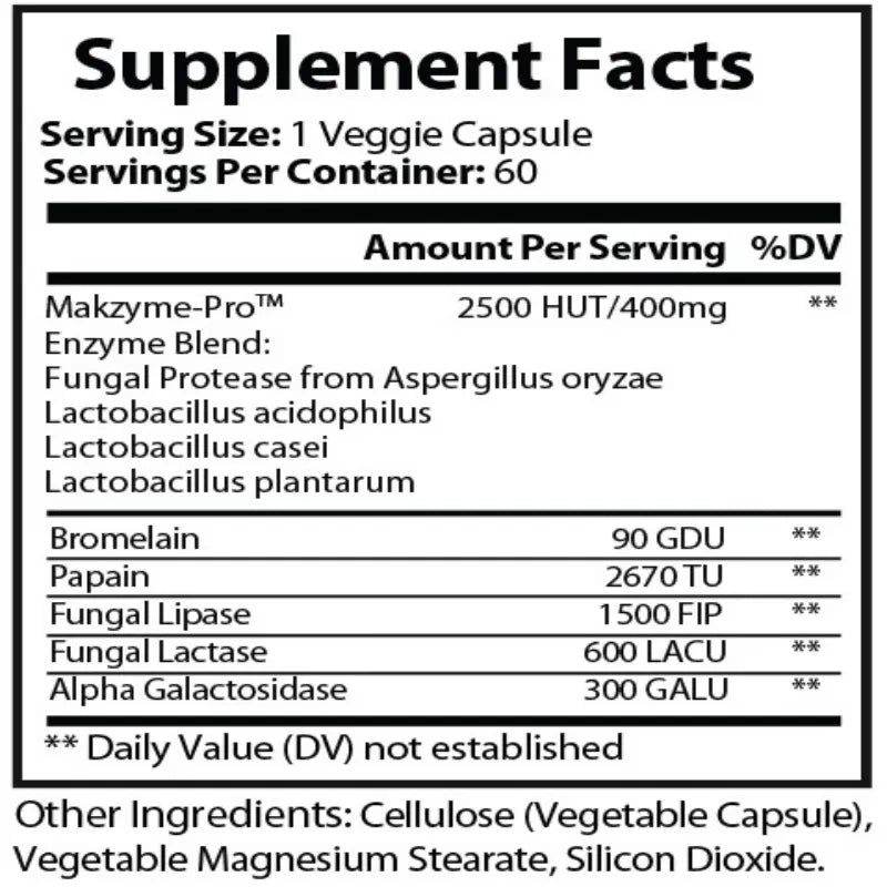 Supplement facts label for a product with various enzymes and their amounts per serving.