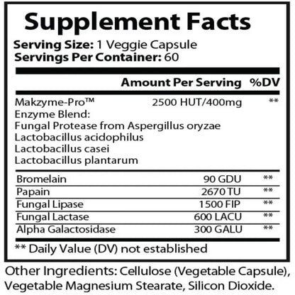 Supplement facts label for a product with various enzymes and their amounts per serving.