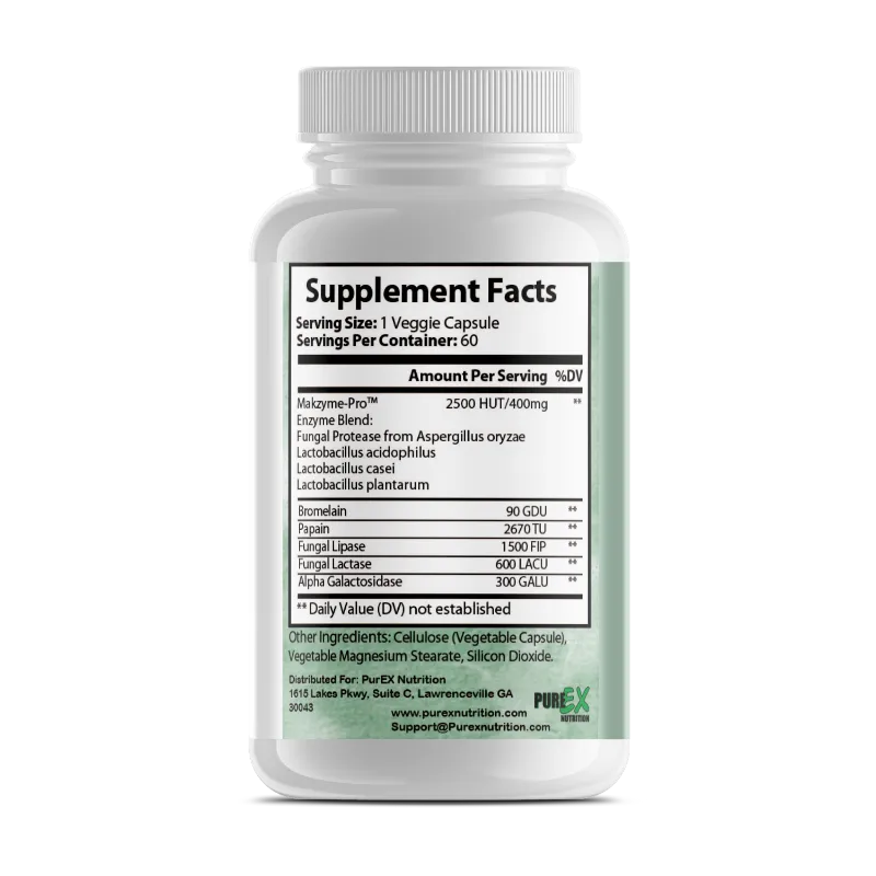 A white plastic bottle of PureX Nutrition supplement capsules, showing the back label with Supplement Facts, HyaluPro, and ingredient details on a white background.