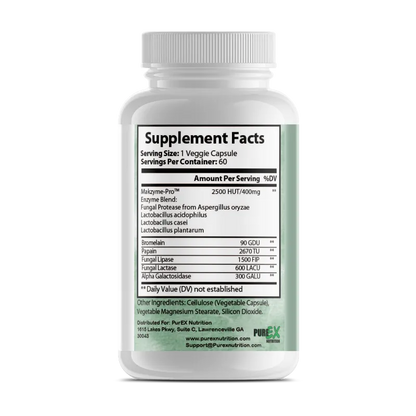 A white plastic bottle of PureX Nutrition supplement capsules, showing the back label with Supplement Facts, HyaluPro, and ingredient details on a white background.