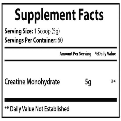 Supplement facts label with creatine monohydrate content on a white background