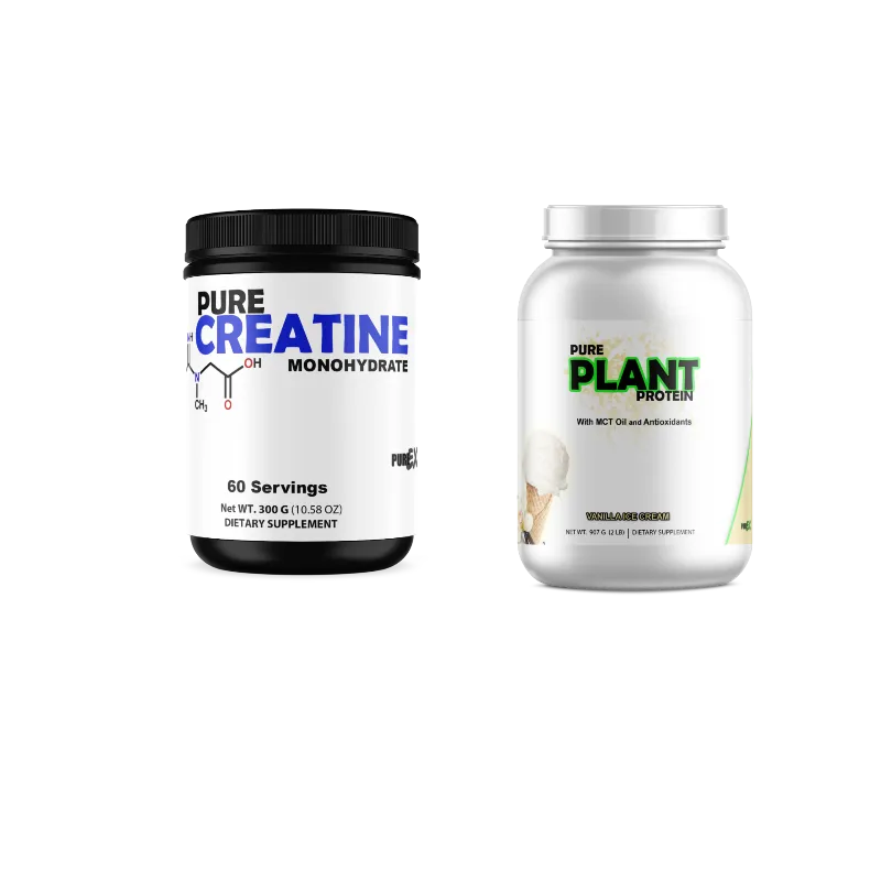 Two dietary supplement containers on a plain white background: a black tub labeled Pure Creatine Monohydrate and a white jar labeled Pure Plant Protein.