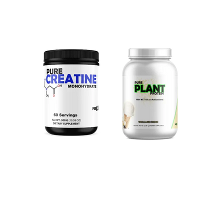Two dietary supplement containers on a plain white background: a black tub labeled Pure Creatine Monohydrate and a white jar labeled Pure Plant Protein.