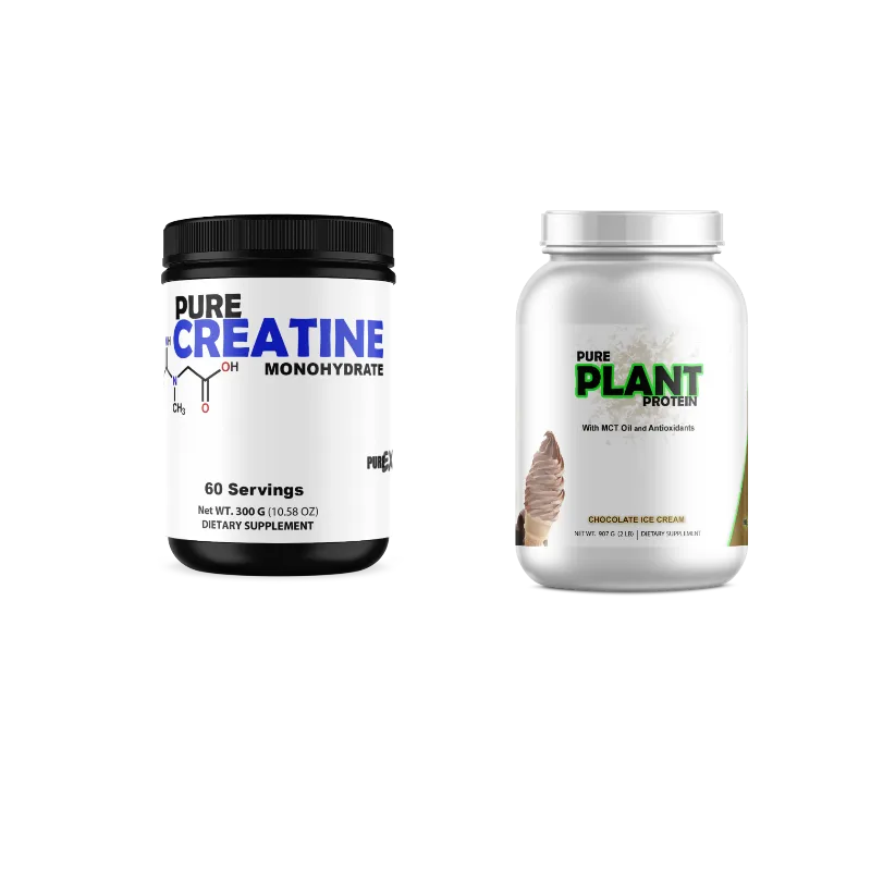 Two supplement containers on a plain white background: a black jar labeled Pure Creatine Monohydrate and a white tub labeled Pure Plant Protein chocolate ice cream flavor.