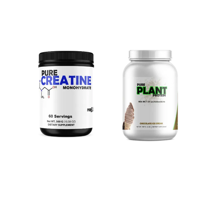 Two supplement containers on a plain white background: a black jar labeled Pure Creatine Monohydrate and a white tub labeled Pure Plant Protein chocolate ice cream flavor.