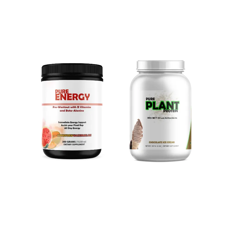 Two supplement containers on a plain white background: a black-lidded white tub labeled Pure Pure Energy pre-workout, and a white-lidded tub labeled Pure Plant Protein protein powder.