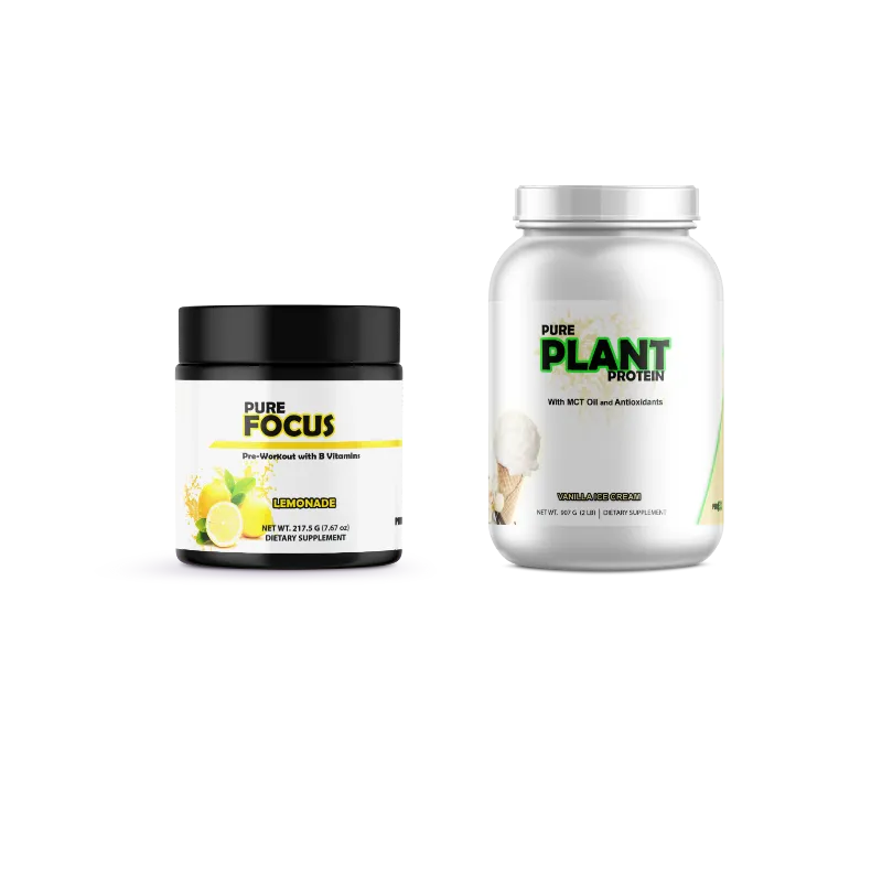 Two supplement containers on a plain white background: a black-lidded jar labeled Pure Focus with lemon imagery, and a large white plastic tub labeled Pure Plant Protein with a silver cap.