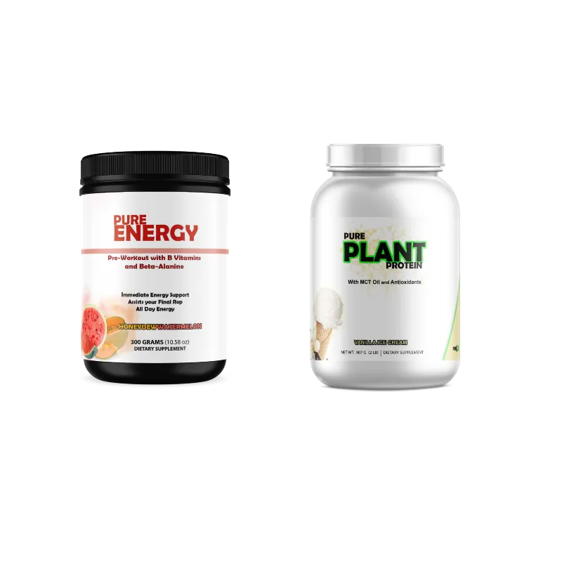 Two supplement containers on a plain white background: a black tub labeled Pure Energy powder and a white tub labeled Plant Protein powder.