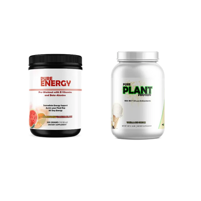 Two supplement containers on a plain white background: a black tub labeled Pure Energy powder and a white tub labeled Plant Protein powder.