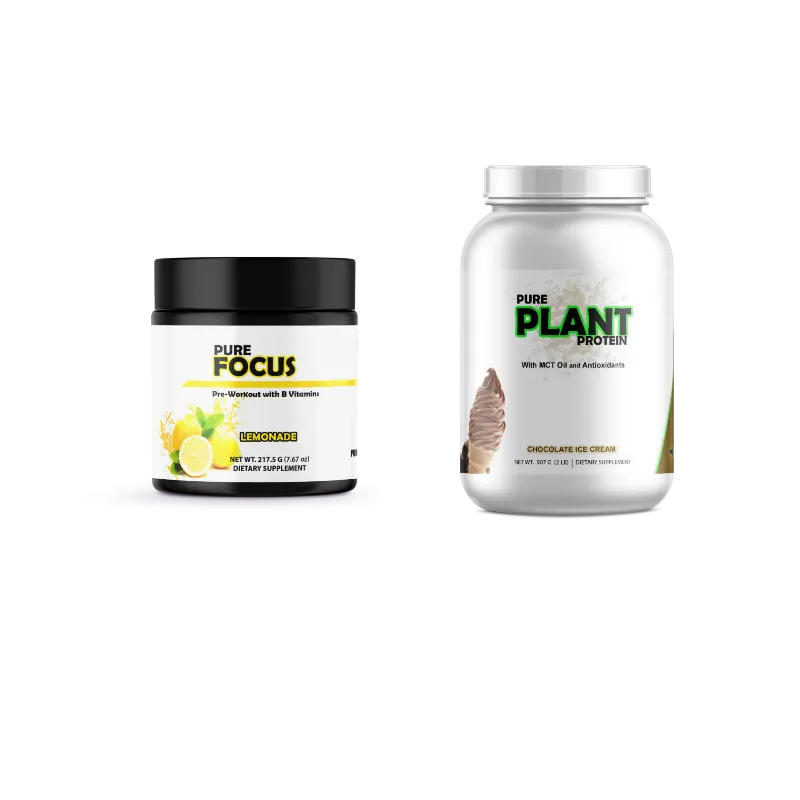 Two supplement containers on a plain white background: a black-lidded jar labeled Pure Focus Energy Supplement with lemon imagery, and a large white tub labeled Pure Plant Protein Chocolate Ice Cream.