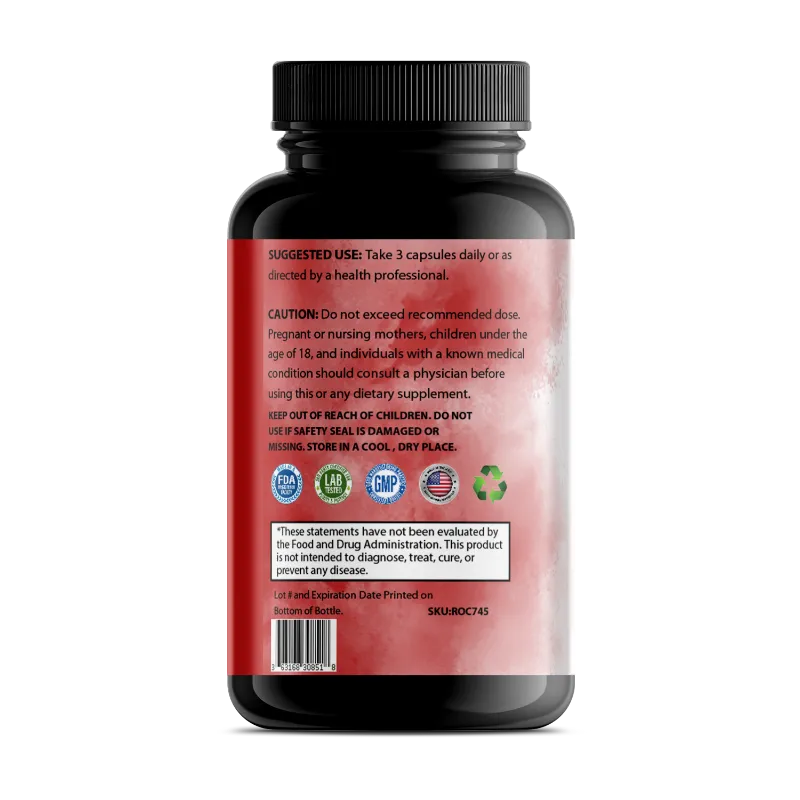 Back view of a black plastic supplement bottle with a black ribbed cap, featuring a red label with black text and several certification logos, on a white background.