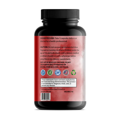 Back view of a black plastic supplement bottle with a black ribbed cap, featuring a red label with black text and several certification logos, on a white background.