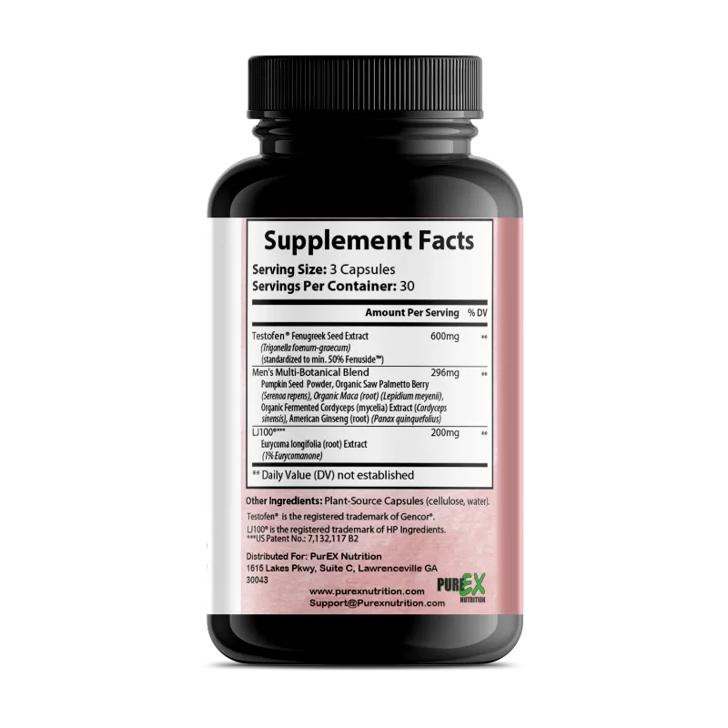 A black supplement bottle with a black cap and a white label featuring a pink side panel, showing the 'PurSource Nutrition' Supplement Facts panel.