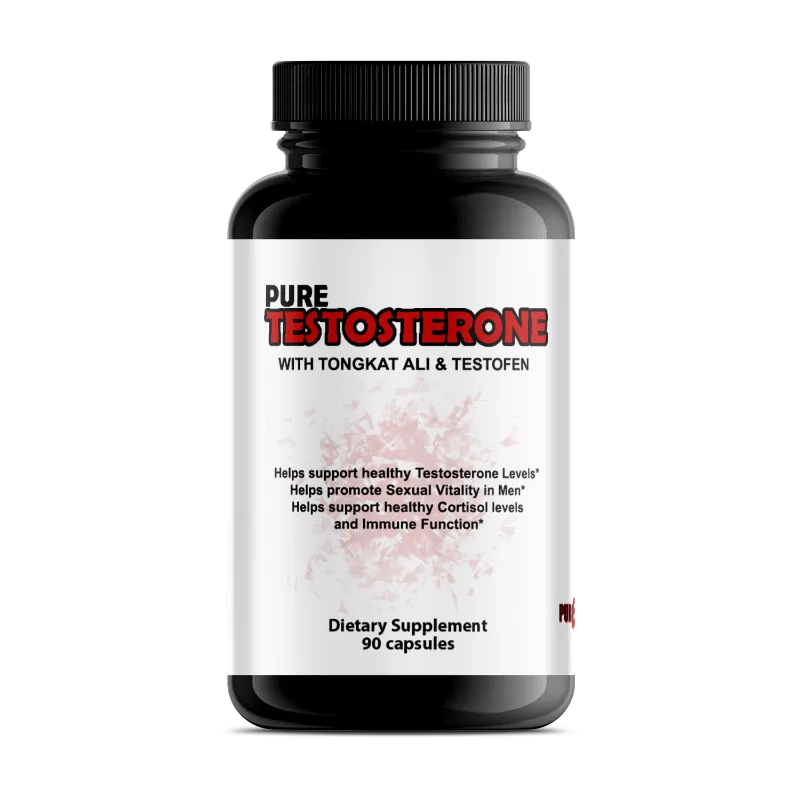 A black plastic bottle of Pure Testosterone dietary supplement with a white label and black cap, shown on a plain white background.