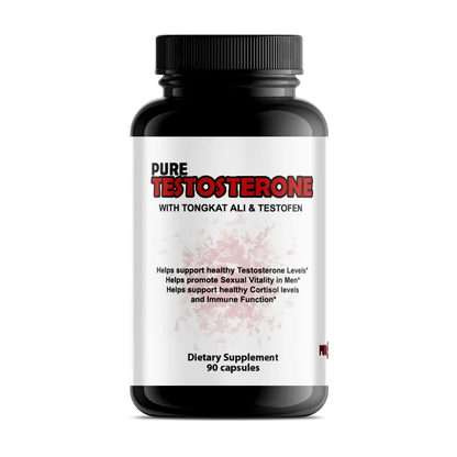 A black plastic bottle of Pure Testosterone dietary supplement with a white label and black cap, shown on a plain white background.