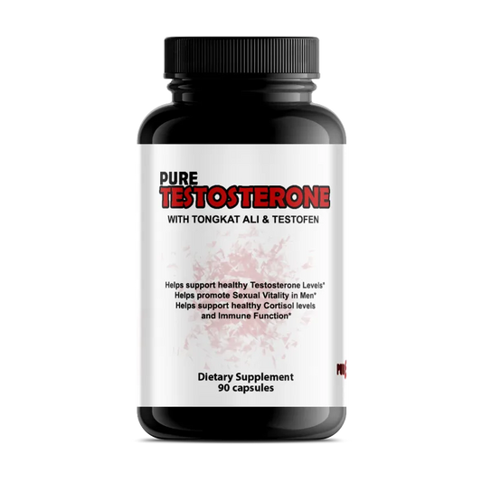 A black plastic bottle of Pure Testosterone dietary supplement with a white label and black cap, shown on a plain white background.