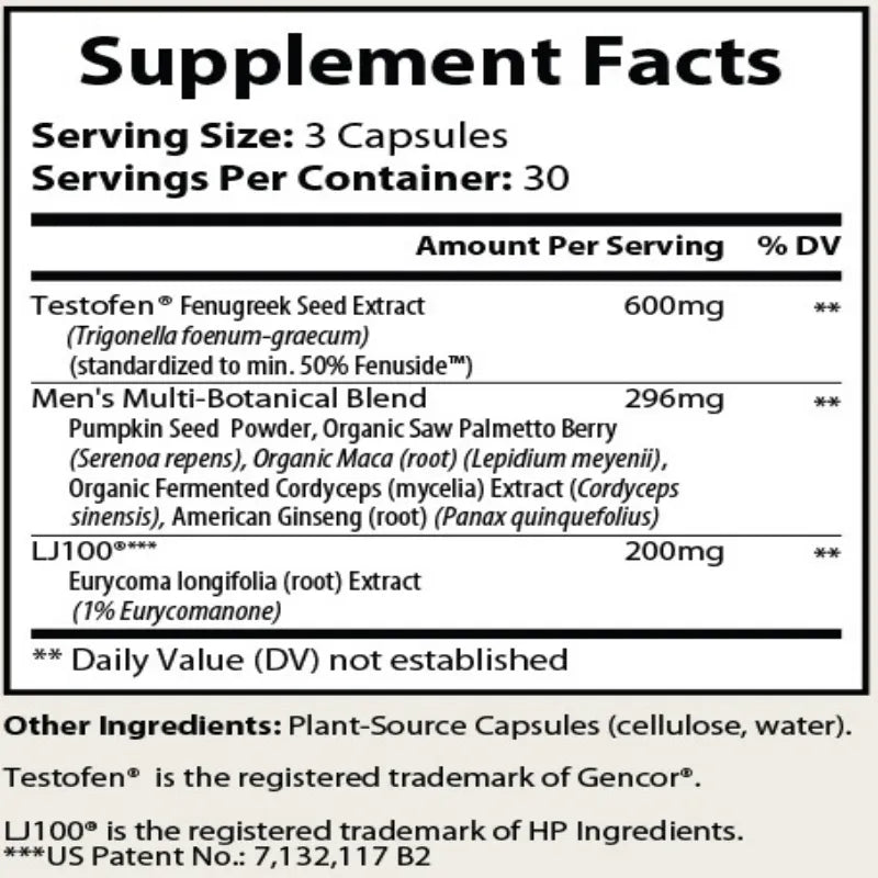 A Supplement Facts label for a dietary supplement container, showing serving size of 3 capsules, servings per container of 30, and a table listing Testofen® Fenugreek Seed Extract and L|100® Eurycoma longifolia (root) Extract with amounts and % DV. Other ingredients are listed at the bottom.
