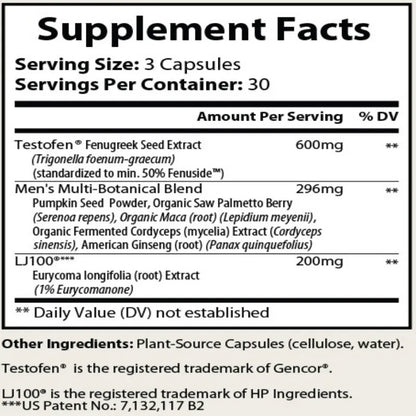 A Supplement Facts label for a dietary supplement container, showing serving size of 3 capsules, servings per container of 30, and a table listing Testofen® Fenugreek Seed Extract and L|100® Eurycoma longifolia (root) Extract with amounts and % DV. Other ingredients are listed at the bottom.
