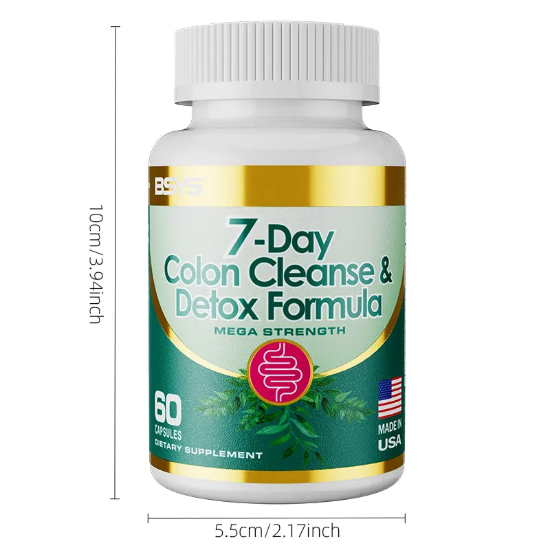 Bottle of 7-Day Colon Cleanse & Detox Formula with dimensions on a white background